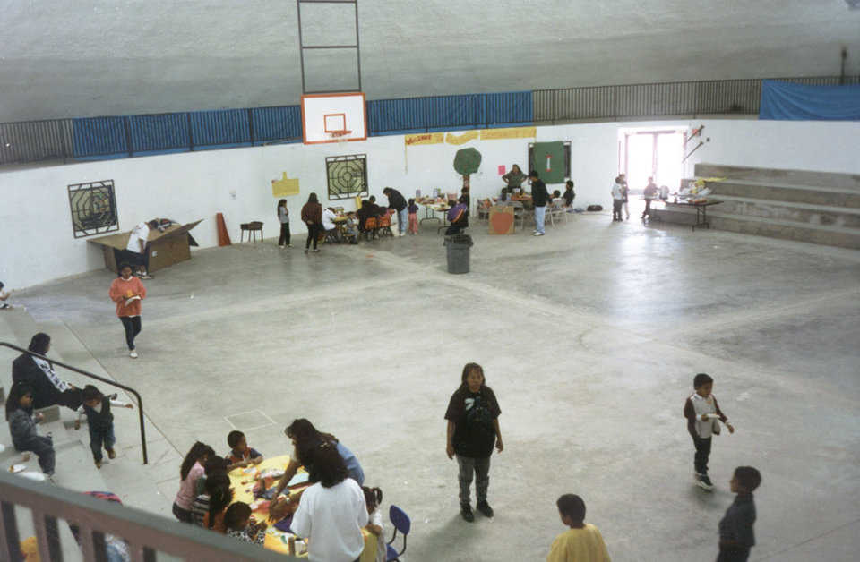 Gymnasium — It has a running track on its second level that circles around the gym and behind the bleachers.