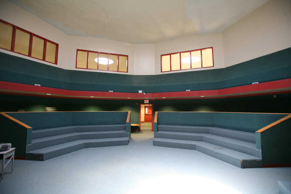 Round Theatre and Commons — Sporting an 8’ diameter skylight, it’s the center core of one of the Monolithic Domes that’s surrounded by classrooms. Windows in each classroom allow natural light in from the skylight.