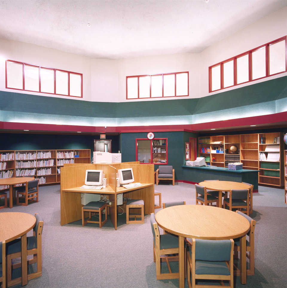 Media Center — The Media Center is the core of the second Monolithic Dome. It also has an 8’ skylight and is surrounded by classrooms.
