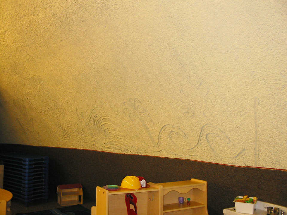 For the Kids! — Head Start classroom is furnished with supplies and educational toys. Note the drawings that Brigham Young University students carved into the wet shotcrete.