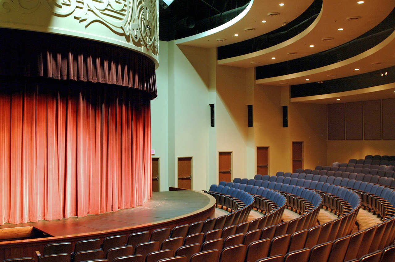 Theatre seating — Three hundred sixty roomy, upholstered seats are arranged in a classic Continental pattern with no center aisle, but with extra wide spaces between the rows.