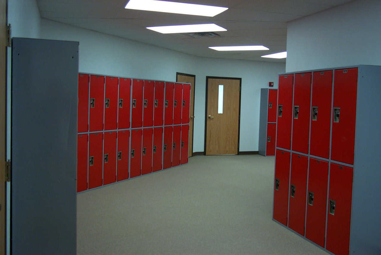 Colorful hallways — Painted with Texhoma’s school colors, these lockers line the hallways that lead directly into classrooms along the dome’s perimeter.
