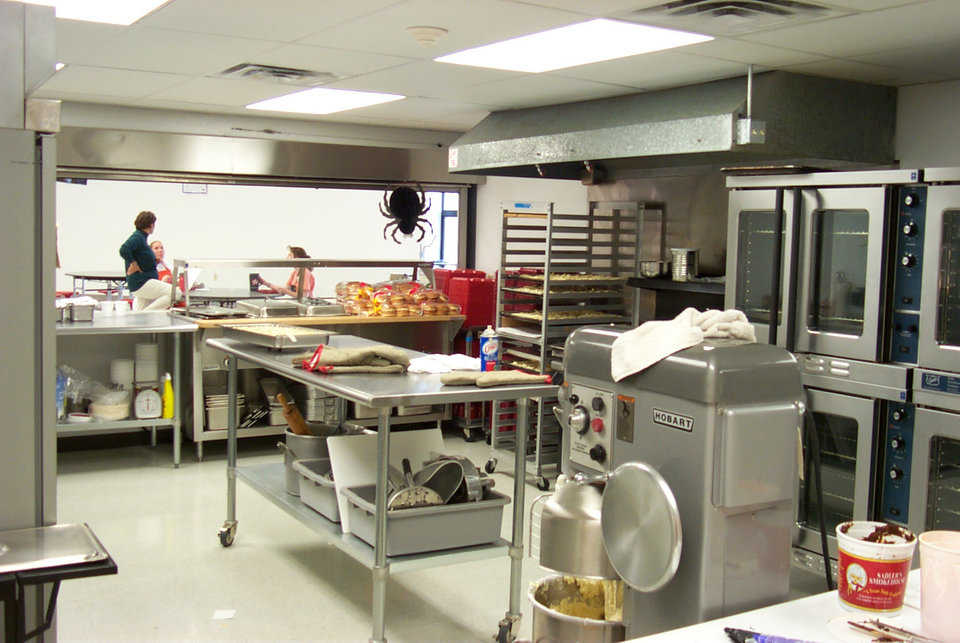 Who’s the joker? — Note the super-size, plastic beetle hanging over the food prepared in this modern, well-equipped kitchen!