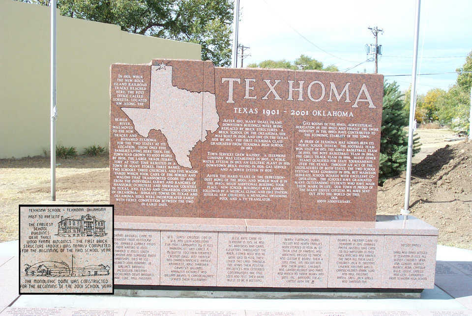 Unique location and history — “We’re so big it takes 2 states to hold us!” claims Texhoma, a town of just 1300, that straddles the state line between Texas and Oklahoma.