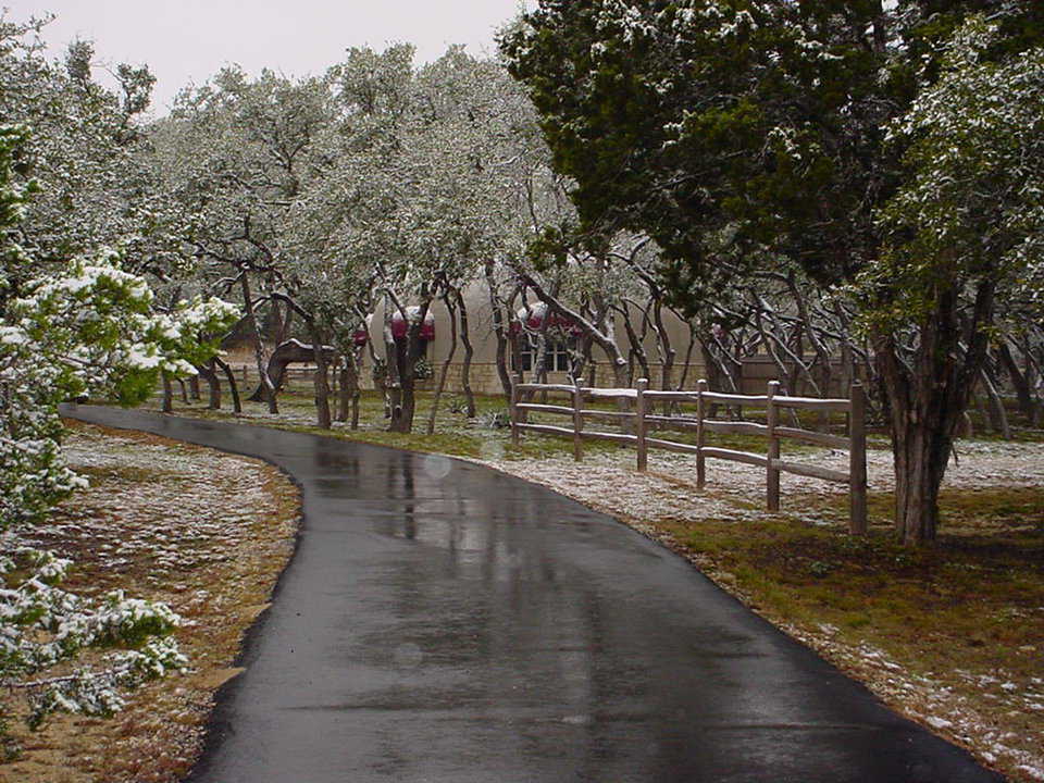 Curvy driveway — An asphalt driveway, 375 feet long, winds through trees to a tall, steel entrance gate.