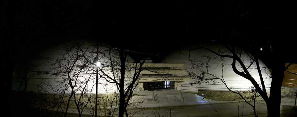 Park U at night — Exterior lighting enhances the beauty of the twin Monolithic Domes.