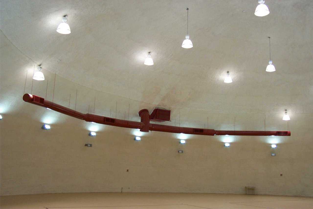 HVAC and acoustics — Heating and ventilation system in the Practice Gym is painted in the school’s colors. Dome shell has a coating of acoustical material.