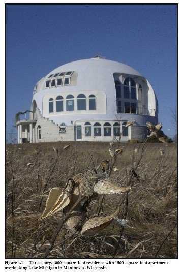 Unique design examples — Dr. Wilson devotes an entire chapter in his book about design examples. This thin shell concrete home overlooking Lake Michigan in Manitowoc, Wisconsin, has three stories and 4000 square feet of living space in the main residence and 1500 square feet in the adjoining apartment.