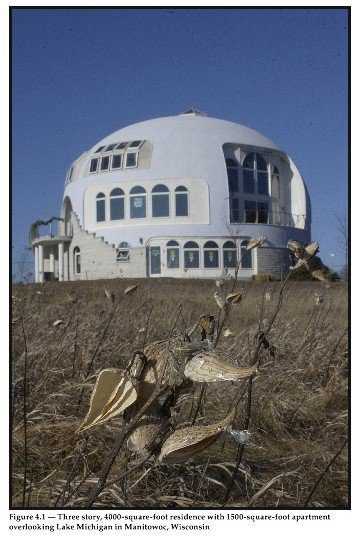 Unique design examples — Dr. Wilson devotes an entire chapter in his book about design examples.  This thin shell concrete home overlooking Lake Michigan in Manitowoc, Wisconsin, has three stories and 4000 square feet of living space in the main residence and 1500 square feet in the adjoining apartment.