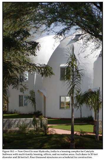 Tall buildings — In this book you can see how several large silos have been built to create a hotel or apartment complex or condo housing units such as the one located near Hyderaba, India.  Catalytic Software is a housing complex that includes multifamily housing, offices and recreation areas.  Each dome is 32′ × 26′.