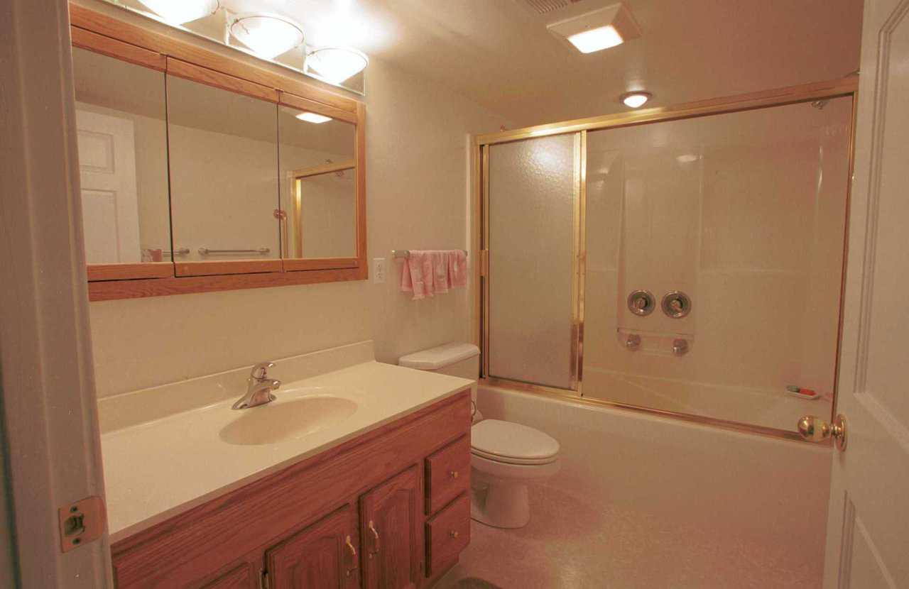 Bathroom — The bathroom is spacious and includes a large shower/tub combination.  The faucet is placed on the side of the bath/shower.