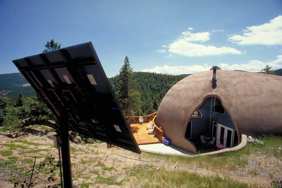 Solar panels — Located near the home, they generate sufficient on-site electricity for this entire Monolithic Dome dream home.