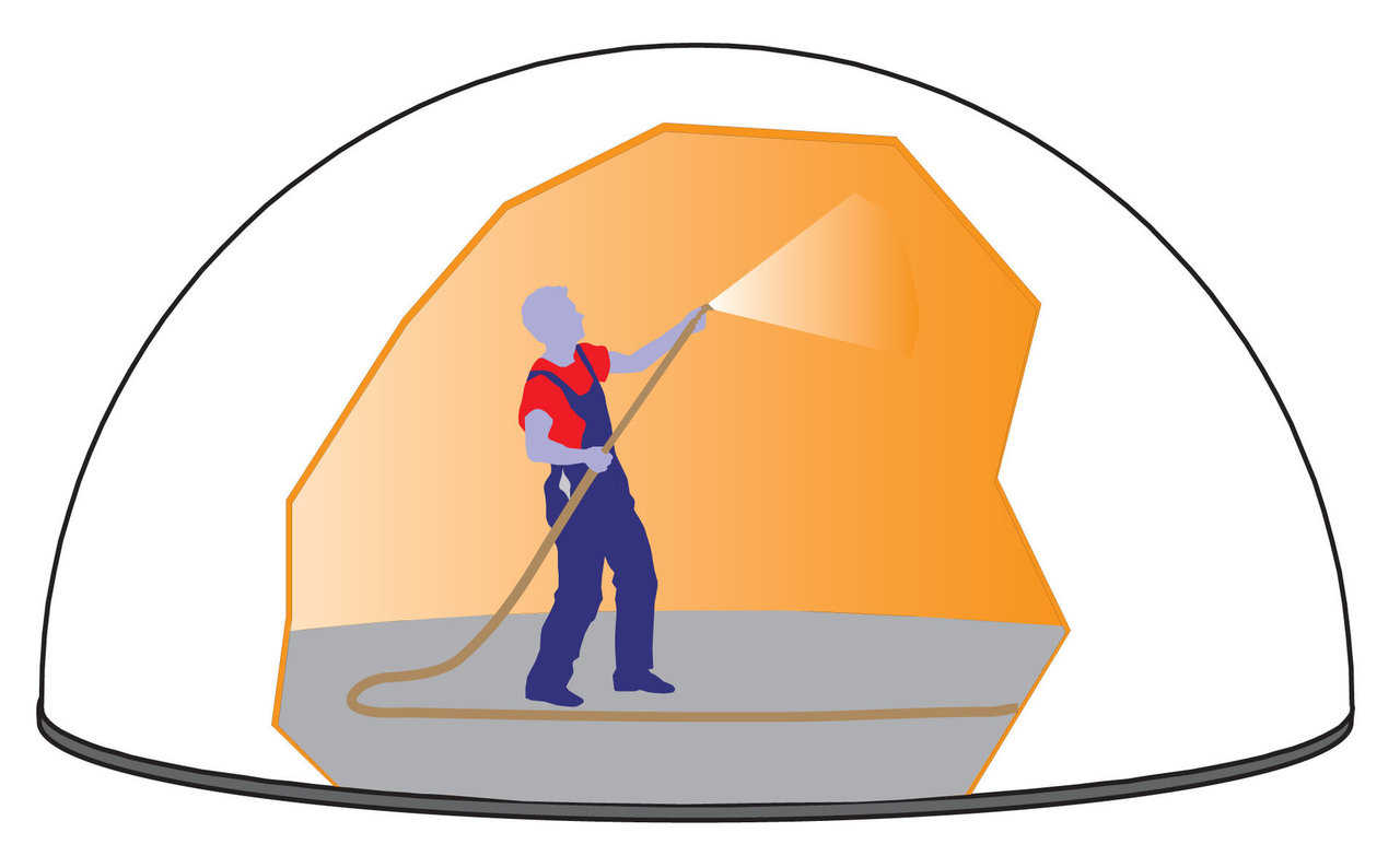 Polyurethane Foam — Polyurethane foam is applied to the interior surface of the Airform. Entrance into the air-structure is made through a double door airlock which keeps the air-pressure inside at a constant level. Approximately three inches of foam is applied. The foam is also the base for attaching the steel reinforcing rebar.
