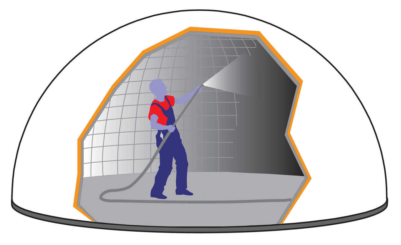 Shotcrete — Shotcrete – a special spray mix of concrete – is applied to the interior surface of the dome. The steel rebar is embedded in the concrete and when about three inches of shotcrete is applied, the Monolithic Dome is finished. The blower fans are shut off after the concrete is set.