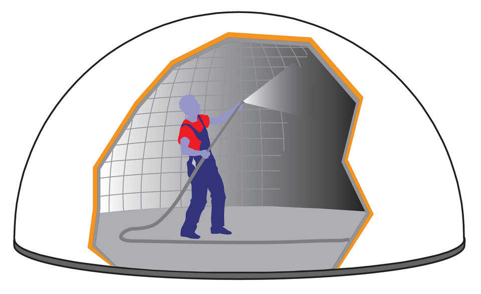 Shotcrete — Shotcrete – a special spray mix of concrete – is applied to the interior surface of the dome. The steel rebar is embedded in the concrete and when about three inches of shotcrete is applied, the Monolithic Dome is finished. The blower fans are shut off after the concrete is set.