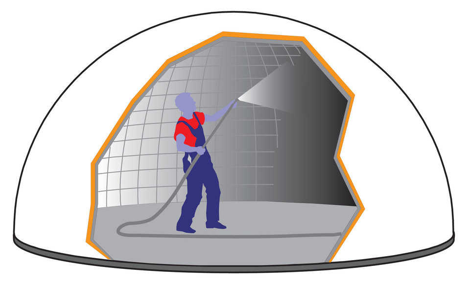 噴射混凝土-噴射混凝土-一種特殊的混凝土噴射混合物-應用於圓頂的內表面。 鋼筋被埋入混凝土中，當施加約三英寸的噴射混凝土時，整體式穹頂就完成了。 凝結混凝土後，關閉風機。