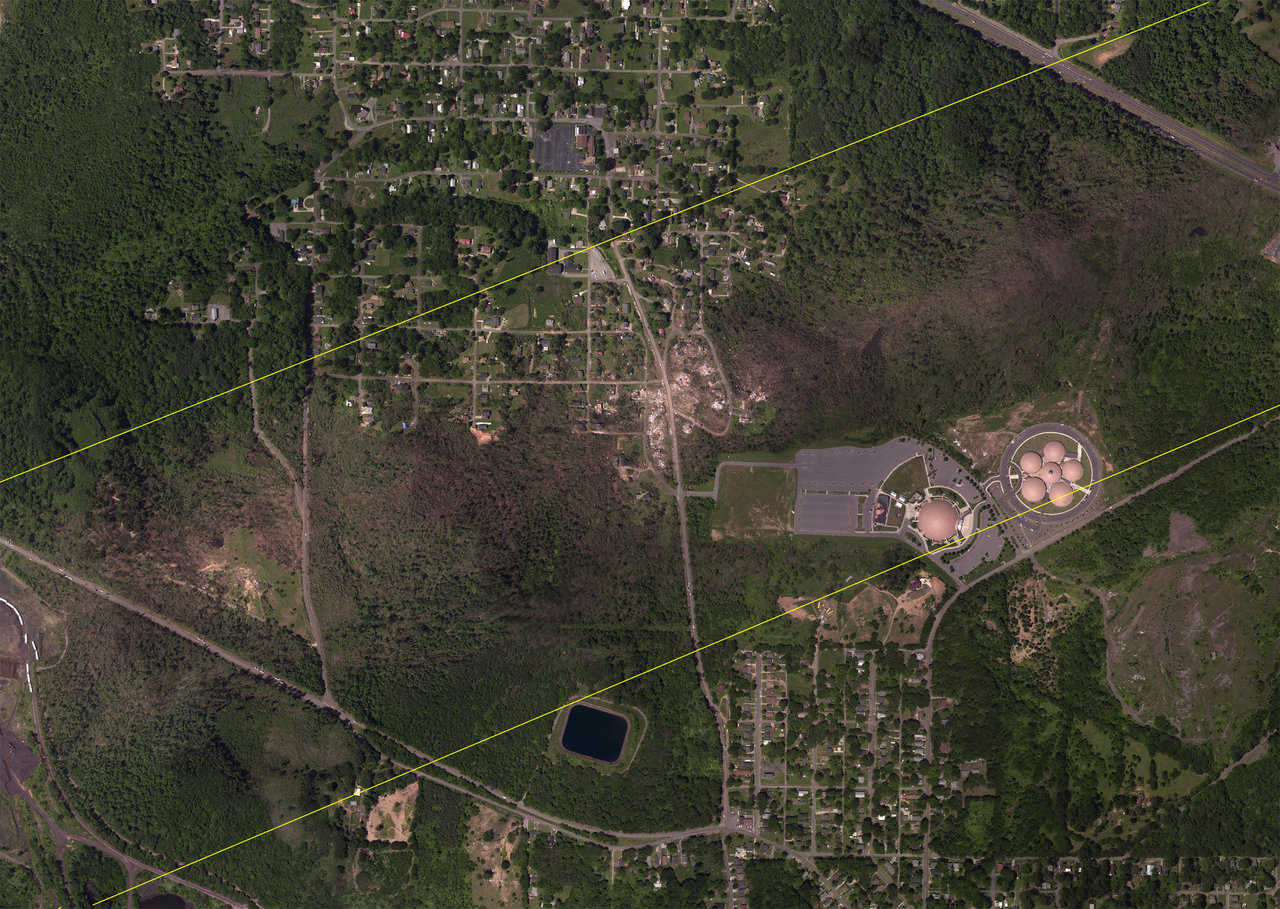 Aerial image shows the swath the April 2011 tornado took, just glancing the Faith Chapel Campus.