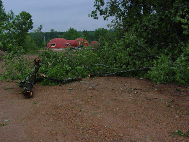 The Averys’ Monolithic Dome Home – Lee snapped this photo of their home on the morning after the tornado hit. Its two domes, joined by a tube connector, were unharmed, and Lee said that he and his wife felt safe while the storm raged.