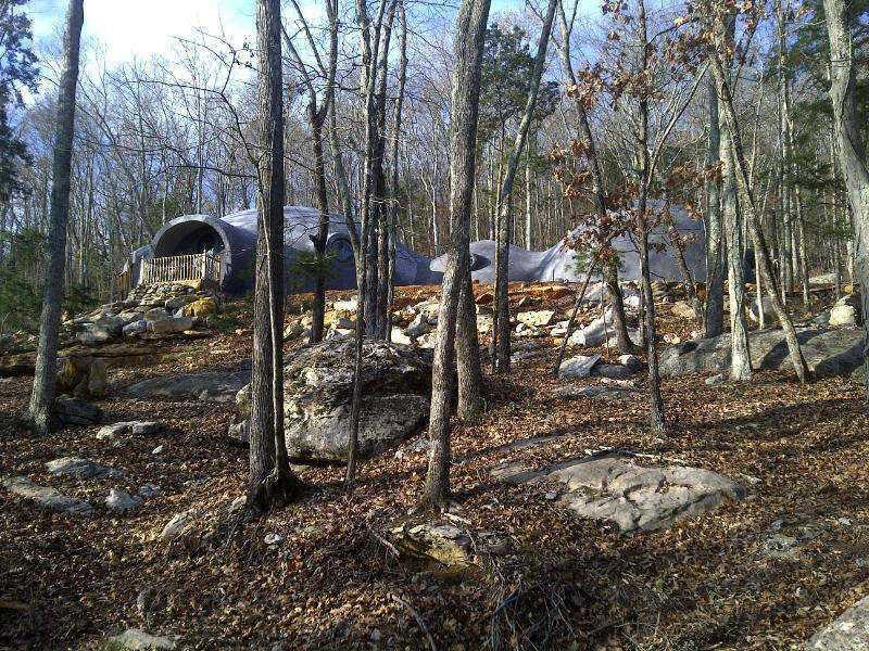 The dome-home (48′ × 18′) connects to the utility-dome (22′ × 11′) that connects to the carport (28′ × 14′).