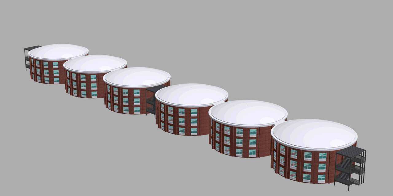 Here these ultra-strong, energy-efficient, cylindrical units are set in a straight line. Obviously, they can be designed as apartments or dormitories.