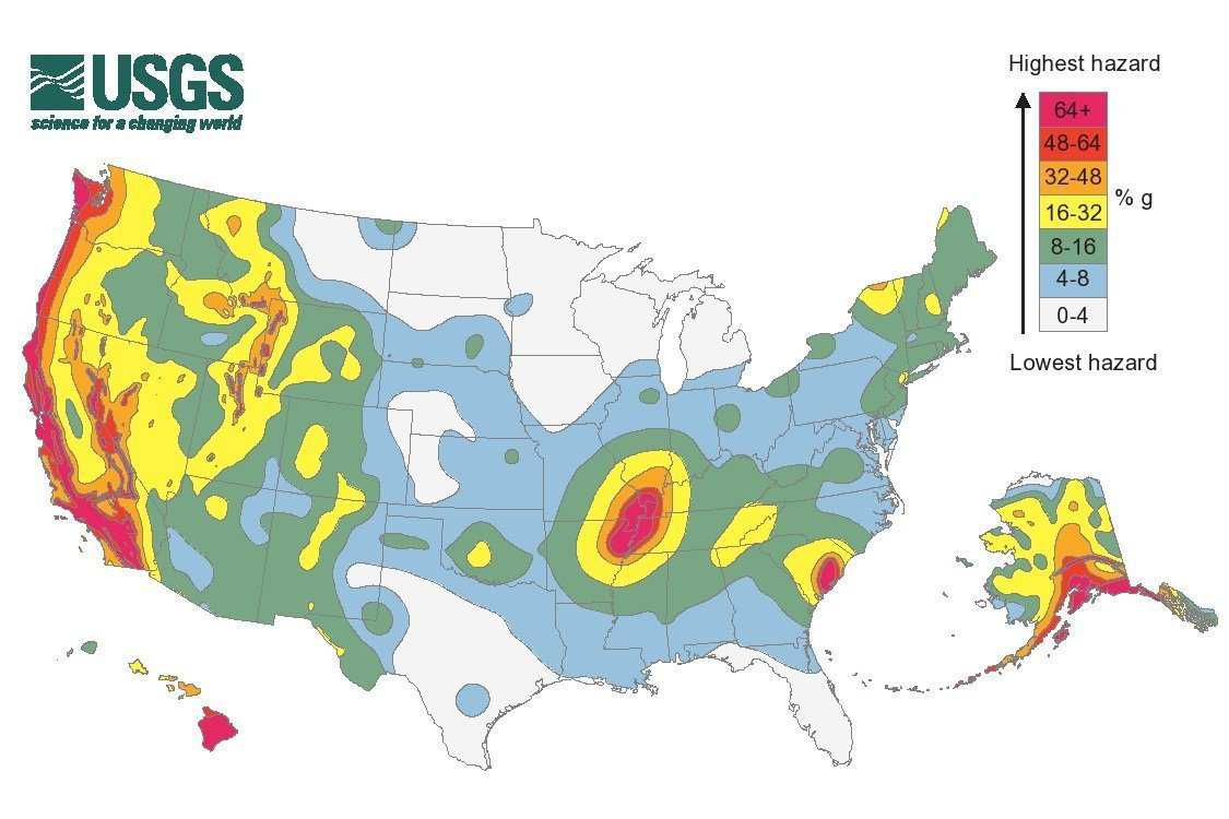 US Geology Survey National Seismic Hazard Map —These maps are based on current information about the rate at which earthquakes occur in different areas and on how far strong shaking extends from earthquake sources. Colors on this particular map show the levels of horizontal shaking that have a 2 % chance of being exceeded in a 50 year period. Shaking is express as a percentage of g (g is the acceleration of a falling object due to gravity). Areas in red have a much higher likelihood than areas of white to be exceeded, for example.