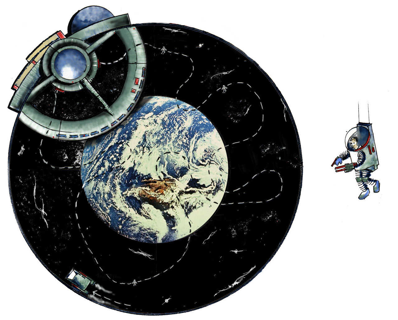 Space Station- Imagine dining in a space station. You look out the window and down onto the slowly turning earth. You watch as Astronauts float in the void of space — BLASTING lasers at each other. It would be perfectly safe, inside the 300’ diameter dome. The “earth” is a projection onto a translucent screen beneath the “space station.”