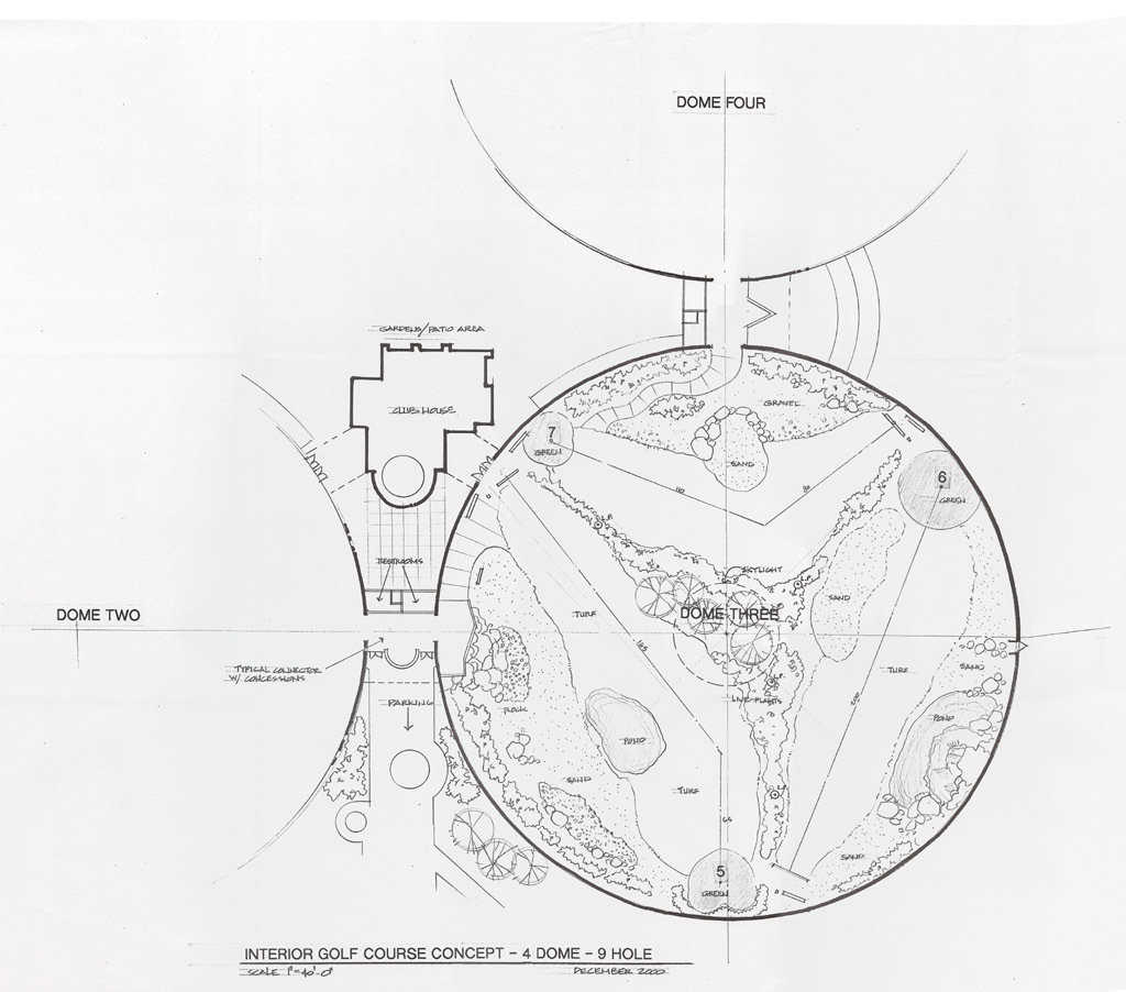 A complete, eighteen-hole, indoor golf course is not yet a reality. We can build the domes large enough, but the price may be too high. However, a nine-hole course is much more realistic.