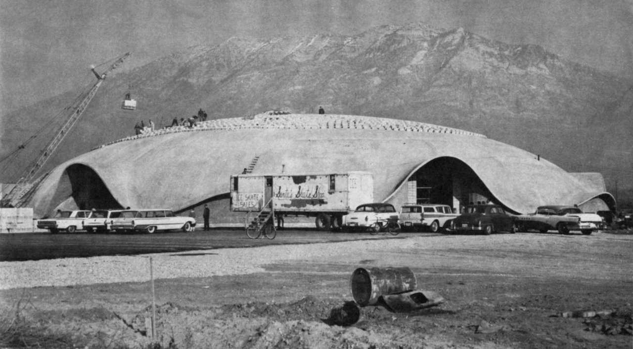 A live load test was performed on this dome in Provo, Utah, using an incredible, 360,000 pounds of concrete block. The test showed no measurable deflection of the dome’s surface. This was Dr. Wilson’s first dome, an earth-formed, affined transformation of an ellipse, that was 160’ x 240’ x 40’ in size.
