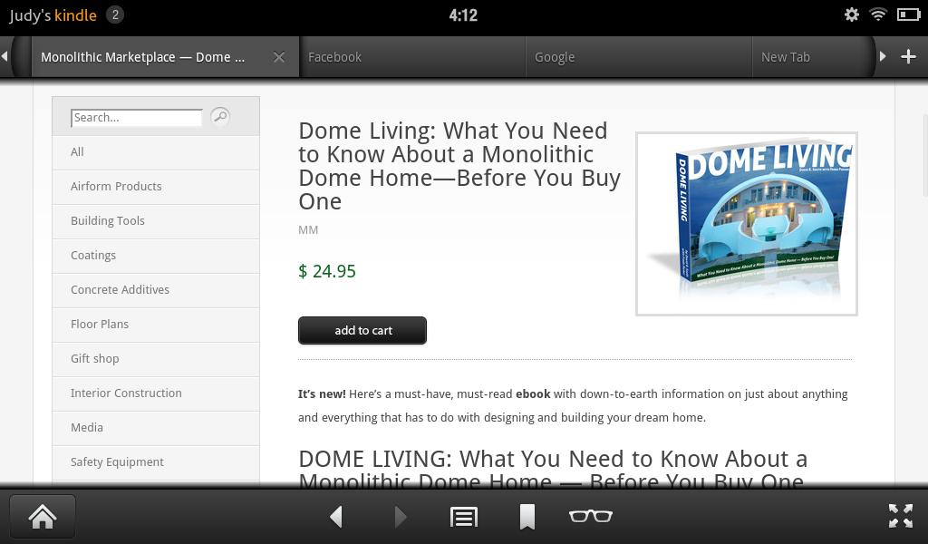 Step 1 – Purchase the book: You can purchase the book on your computer, or you can purchase it directly from Kindle. To purchase from Kindle, open the web browser app, then go to shop.monolithic.com. Once there, you will be able to see the Dome Living eBook. If you have already purchased the book on your computer, skip to Step 4.