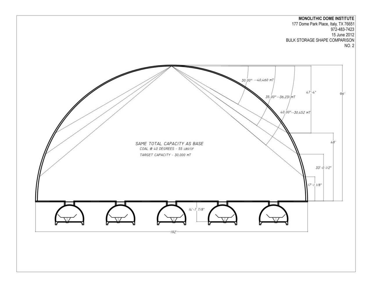 If conveyors are used under the floor, Design #1 utilizes far less conveyors and far less sweeping. If, however, underfloor conveyors will not be used, this shape has many advantages. A major advantage is that the pile is not so deep. This helps keep the loader operators from working under as many cliffs, as they remove the contents.