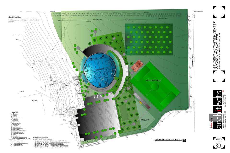 Aerial view of the campus facility for Dodge City Community College. In addition to the Monolithic Dome Activity Center, there is the soccer field, green space and a lot of parking.