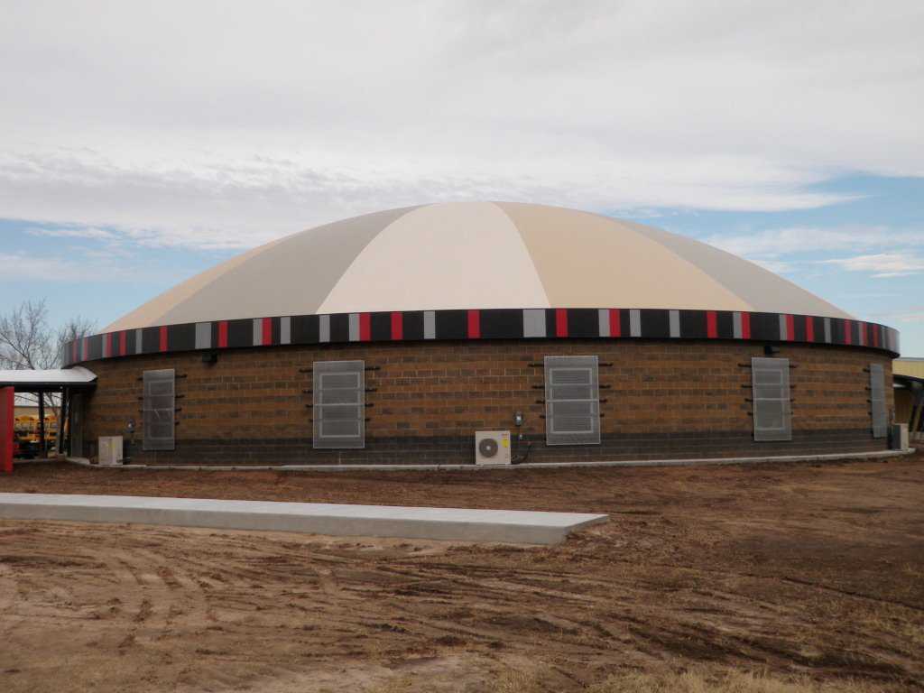 The Monolithic Dome cafeteria/tornado shelter has a diameter of 109 feet. School Superintendent Charles Dickinson said that visitors are amazed by its inside spaciousness.