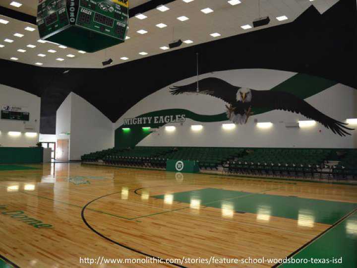 Rawlings designed a mural for the Monolithic Dome gym at Woodsboro, Texas that depicts their mascot: the Mighty Eagle. The high school’s 20,000-square-foot gym also serves as an auditorium, activity center and the community’s disaster shelter.