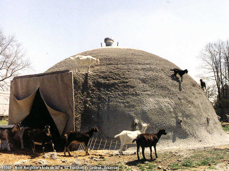 Obviously, this Ecoshell serves a dual purpose: It makes a big garage and it makes a workout area for the local goats. It’s a 30′ × 13′ dome, built by Noel Neighbors in Arkansas.