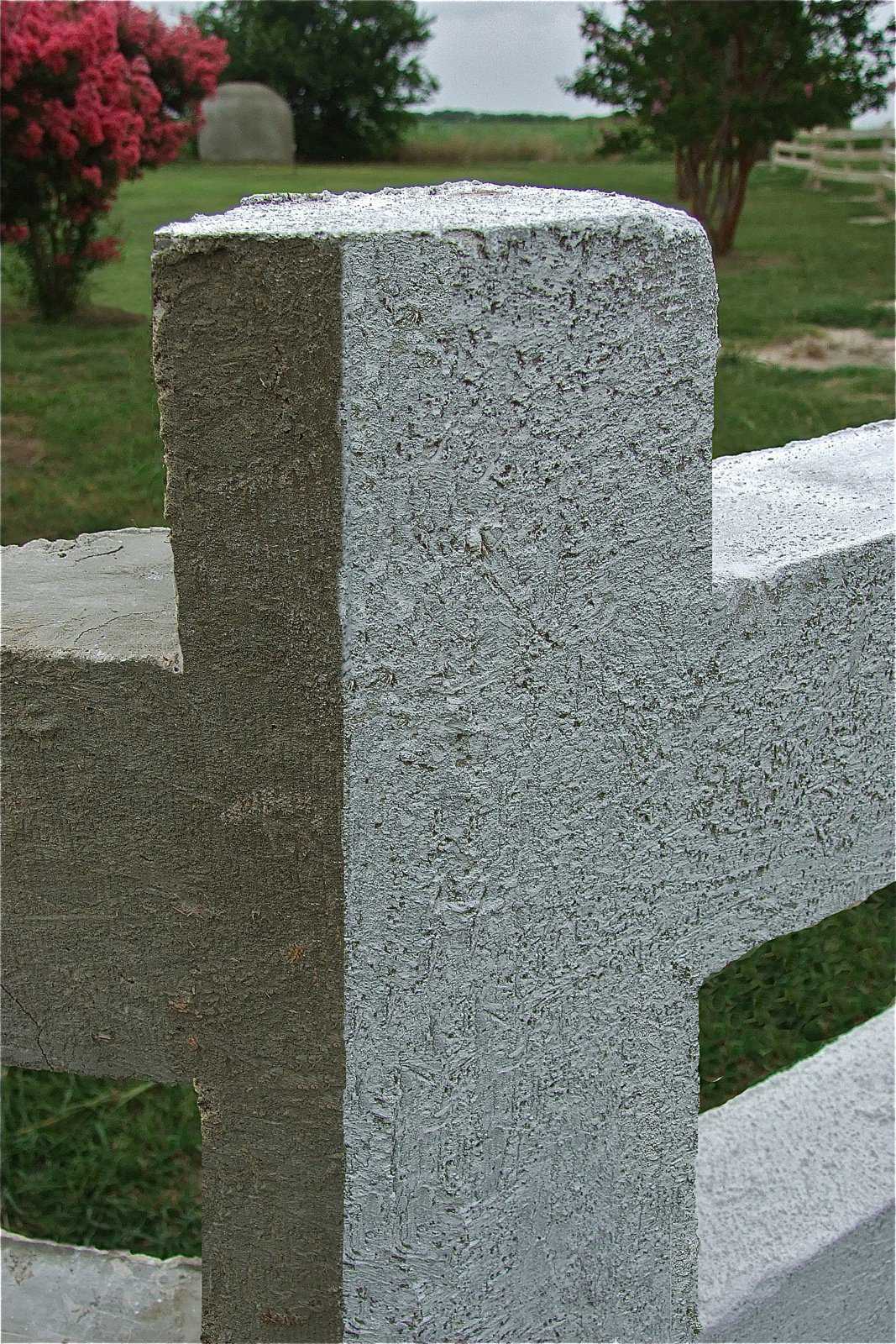 A closer look of a corner post shows different textures that can be achieved while constructing the fence. Plus, a side-by-side comparison of shows the original sandy-white colorant added to the concrete mix contrasted with a painted coat of white-wash on the right.