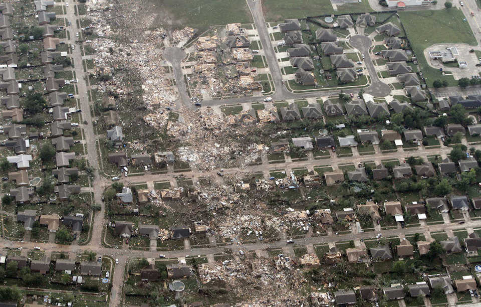 An aerial photo of a neighborhood hit by a massive tornado in Moore, on May 20, 2013.