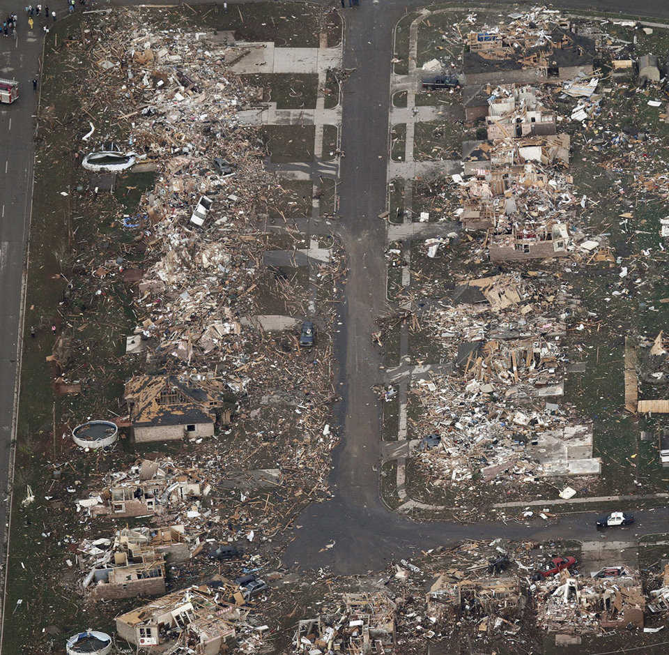 An aerial photo of homes hit by the tornado in Moore, Oklahoma, on May 20, 2013.