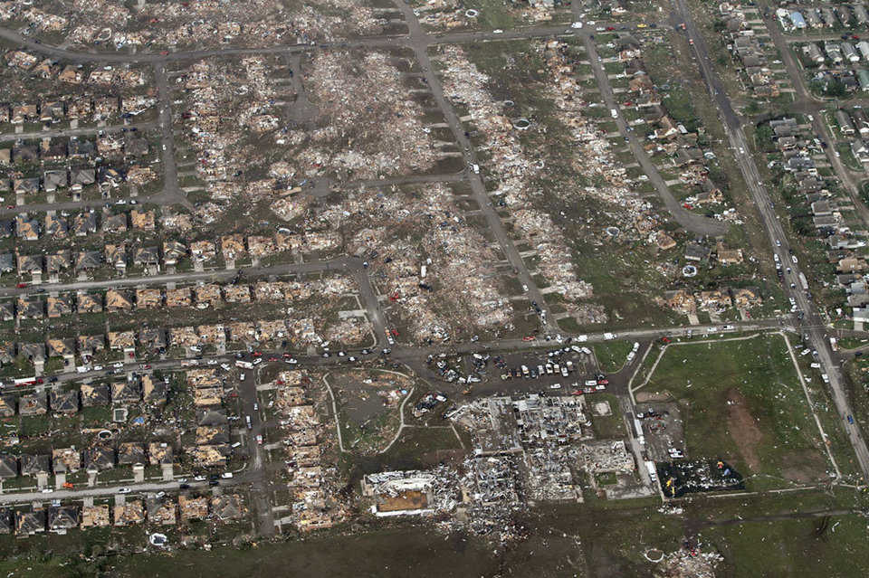 An aerial photo of a section of Moore struck by the massive tornado on May 20, 2013.