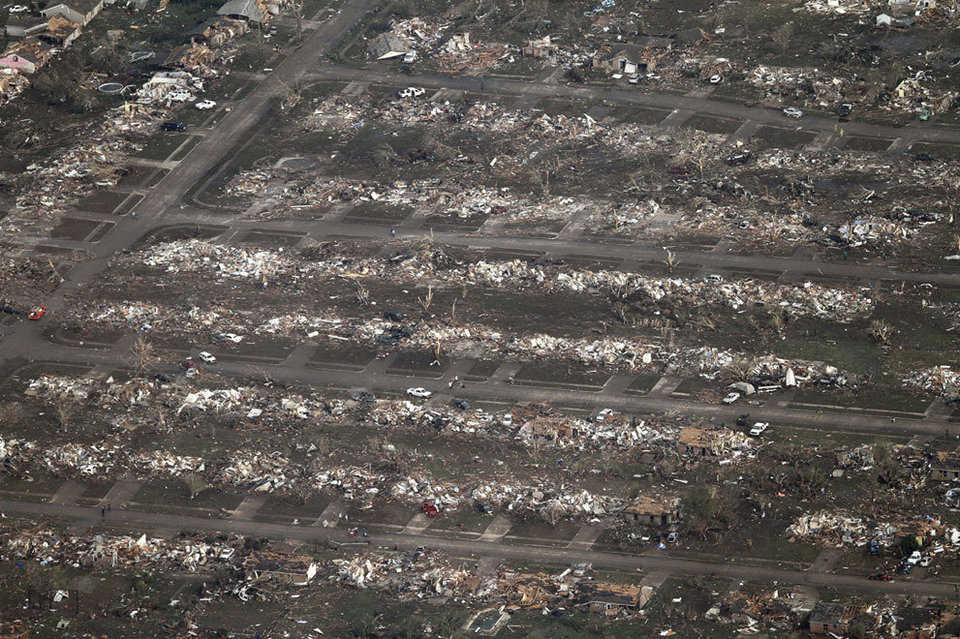 An aerial photo of a neighborhood in Moore destroyed by the massive tornado on May 20, 2013.