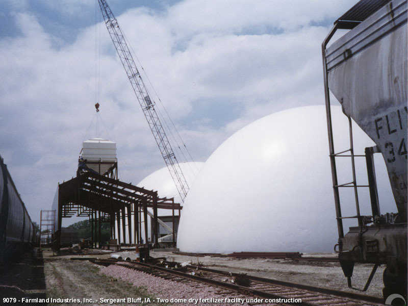 Double Dome fertilizer storage facility at Sergeant Bluff, Iowa. One is 120’ diameter 60’ high, one is 115’ diameter 58’ high.