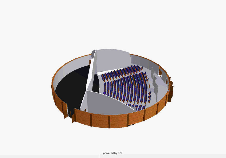 This side view allows you to evaluate the seats and seating area, versus the stage and stage area. The size of the theater could be half as big as shown or ten times as big as shown.