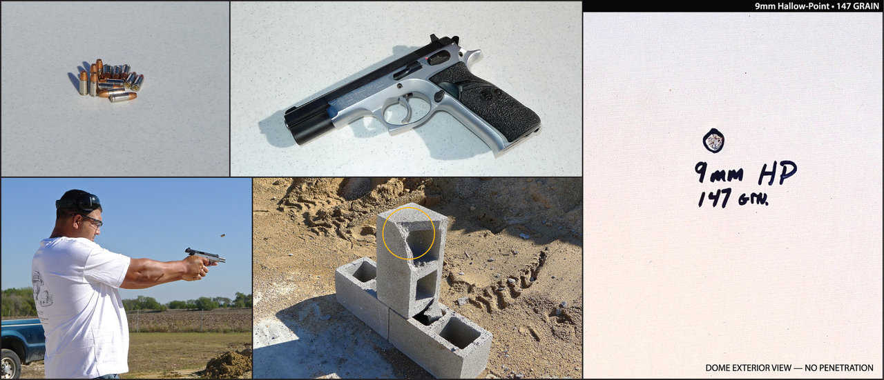 The pistol used in this demonstration was a TZ-75 9mm, using a 147 grain hollow point projectile. This heavier round did similar damage, but did not penetrate the Monolithic Dome.