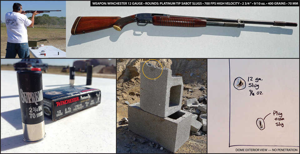 This is a Remington 12 gauge shotgun. For this test, we used a 400 grain slug. This round was very heavy, and it destroyed the cinder block, but there was no penetration into the Monolithic Dome.