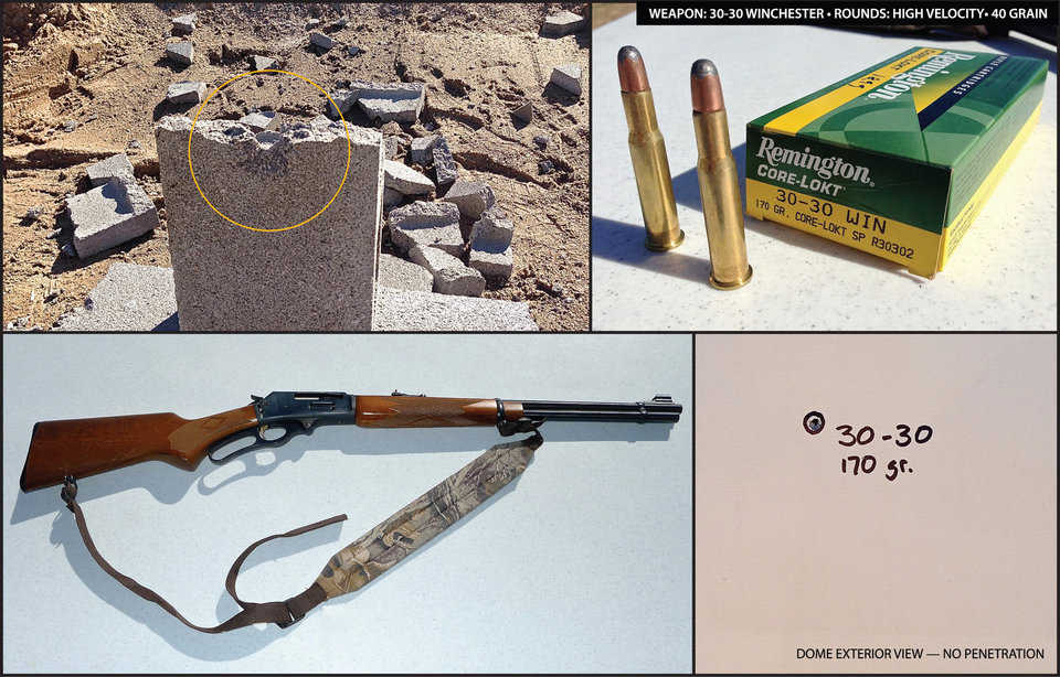 The rifle used in this test was a Winchester 30-30, with a 40 grain hunting round. The rifle destroyed the block, but there was no penetration into the Monolithic Dome.