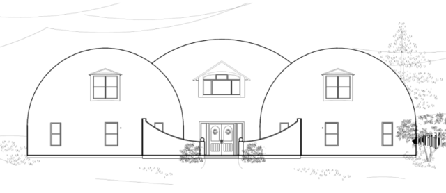 An elevation drawing of the Whiteacre’s home.  This dream home in College Station, Texas is comprised of three domes—two 34-ft and one 44-ft diameter Monolithic Domes. Two more domes are also near, one being the garage and the other a pool house, each 30-ft in diameter.