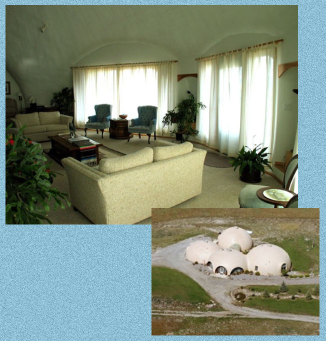 The beautiful exterior of the 5,000 sq. ft. Monolithic Dome Home near Flathead Lake  houses stunning interior spaces like this living room.