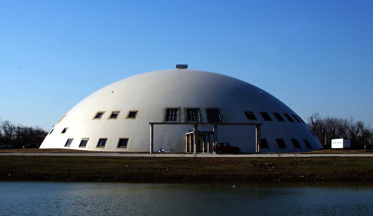 This Monolithic Dome, with its diameter of 220 feet, height of 65 feet and wall thickness of 23 inches at its base, is the first such dome in America designed as a manufacturing plant.