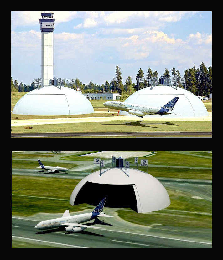 Huge Monolithic Dome hangars are capable of protecting even the largest jets including the Airbus A380, Boeing 747, and even the Air Force C5 cargo jet.