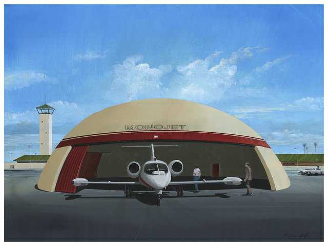 Rendering of a small Monolithic Dome hangar with lateral door used for a private jet. Millions of dollars are spent on private jets and corporate air travel yet these planes are often stored in hangars incapable of protecting the planes during violent weather. A Monolithic Dome hangar is a tiny price to pay to protect a multi-million dollar investment.