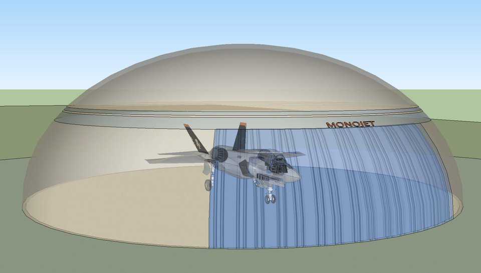 The Monolithic Dome have withstood bombings without failing. If F-35 aircraft were stored individually in domes, they would be protected from damage if one building were somehow punctured.